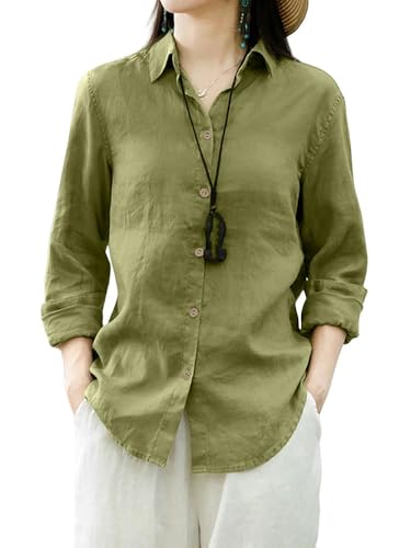 YJHLY Hemd Damen Weibliche Mode Hemd Revers Hals Langarm Einfarbige Bluse Frauen Sommer Casual Reine Baumwolle Blusas Arbeit Chemise-Green-XL von YJHLY