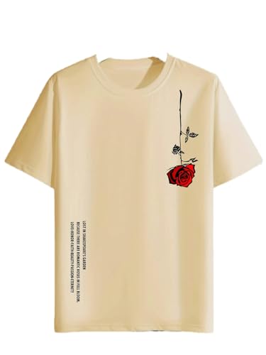 YJHLY Herren Kurzarm T-Shirts Rose Print Letter Print Herren T-Shirt Modestraße Kurzarm T-Shirt Für Männer Lässige Sommer-Top Bruch Losen Männer Kleidung Kleidung-Brown-S von YJHLY