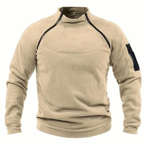 YJHLY Herren-Sweatshirt Herren Pullover Casual Sweatshirt Faux Fleece Jacke Stehend Kragenpullover Feste Farbpullover Windschutzkleidung-Khaki-XL von YJHLY