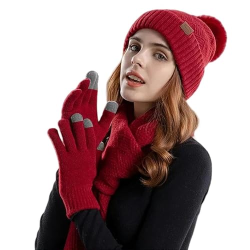 YJHLY Mütze Schal Handschuhe Damen 3Pcs/Set Winter Beanie Hut Schal Touchscreen Handschuhe Set Für Frauen Warme Strick Fleece Gefütterte Hut Set Leder Label Kunstpelz Ball Cap-Wine Red-56-60Cm von YJHLY