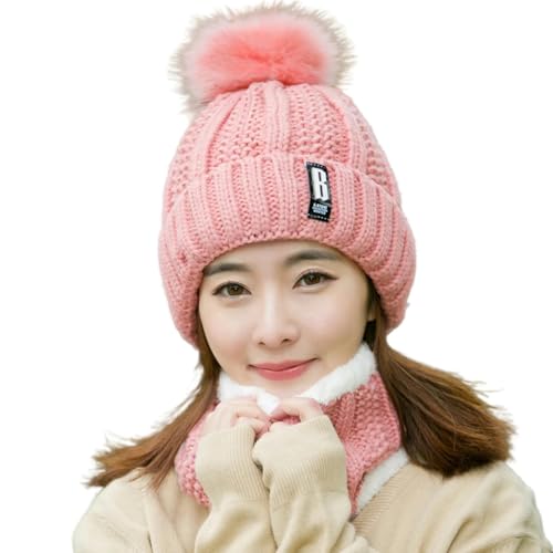 YJHLY Mütze Schal Handschuhe Damen Damen Winter Hut Schal Set Zwei Stücke Outdoor Halten Warm Dicke Strickmützen Und Schleife Schal-Pink-One Size von YJHLY