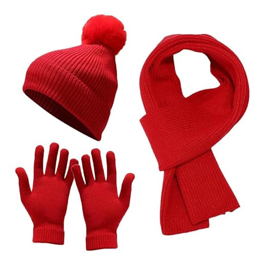 YJHLY Mütze Schal Handschuhe Damen Frauen Cap Schal Handschuhe Set Weiche Strick Winter Handschuhe Lätzchen Hut Mit Dicker Wolle Halten Warme Hals Schal Cap Beanies Kälteschutz Sets-Red von YJHLY