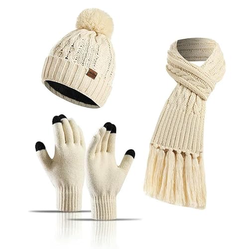 YJHLY Mütze Schal Handschuhe Damen Frauen Winter Halten Warm Set Fleece Futter Beanie Telefinger Handschuhe Dicken Schal Wolle Garn Gestrickte Schalldämpfer Hut Halstuch-Beige von YJHLY