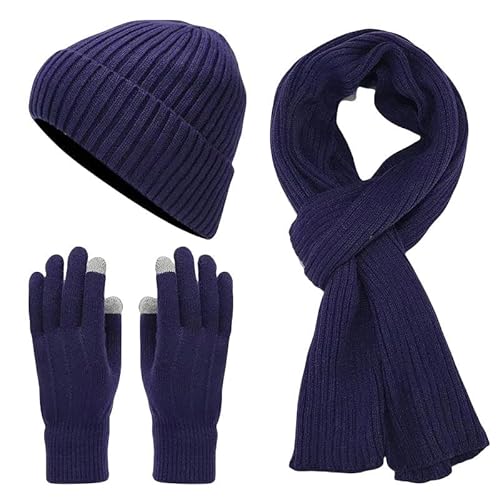 YJHLY Mütze Schal Handschuhe Damen Unisex Black Hat Schal Handschuhe 3Pcs Set Für Männer Outdoor Warmer Schal Hut Winter Frauen Plüsch Cap Touch Screen Handschuhe Set-Navy von YJHLY