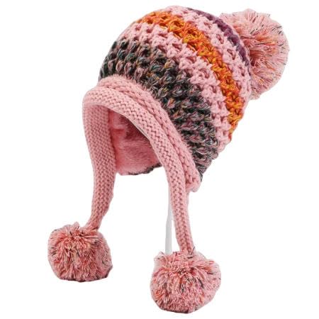 YJHLY Mütze Winter Gestrickte Hüte Frauen Patchwork Pompon Bälle Ohrklappen Kappen Damen Warme Dicke Winter Beanies Weibliche Beanie Hut-Pink von YJHLY