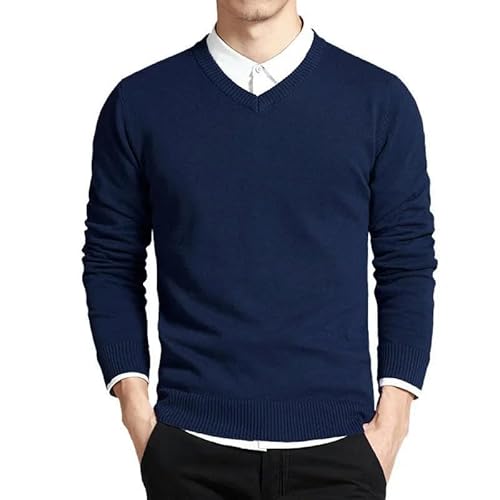 YJHLY Pullover Herren Baumwollpullover Männer Langarm Pullover Outwear Männer Gegen Hals Herren Pullover Locker Fit Strickkleidung-Blue-Asian Size 3XL von YJHLY