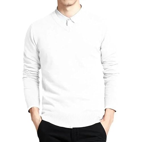 YJHLY Pullover Herren Baumwollpullover Männer Langarm Pullover Outwear Männer Gegen Hals Herren Pullover Locker Fit Strickkleidung-White-Asian Size 4XL von YJHLY