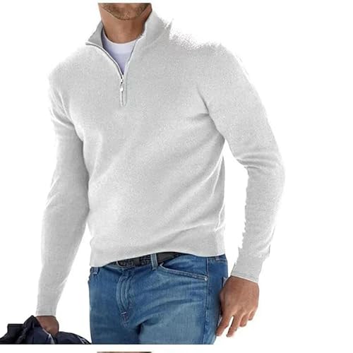 YJHLY Pullover Herren Herbst Herren-Schweißwaren Warmer Pullover Solid Color Halb Reißverschluss Freizeitpullover Schlanker V-Ausschnitt Langarmer Männer Sweatshirts Winter Top-White-Asian L(50-60Kg) von YJHLY