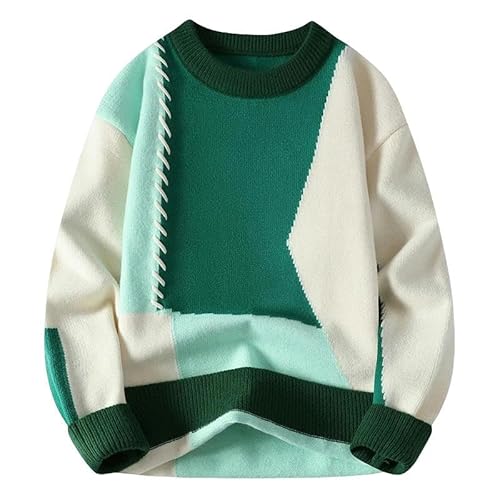 YJHLY Pullover Herren Herbst Winter Warmes Herren Gestrickte Pullover Mod Patchwork O Hals Strickpullover Streetwear Pullover Casual Herren Kleidung-Green-M von YJHLY