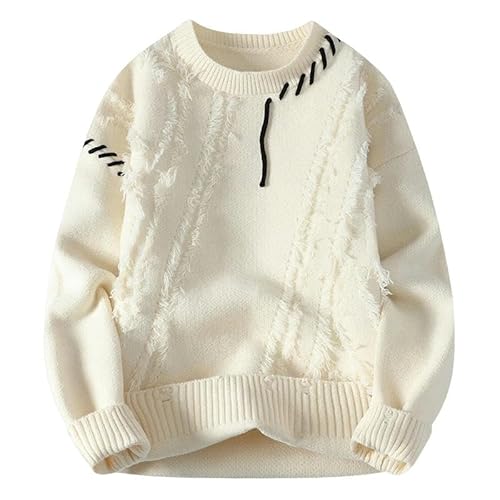 YJHLY Pullover Herren Herbst Winter Warmes Herren Gestrickte Pullover Mod Patchwork O Hals Strickpullover Streetwear Pullover Casual Herren Kleidung-White-4Xl von YJHLY