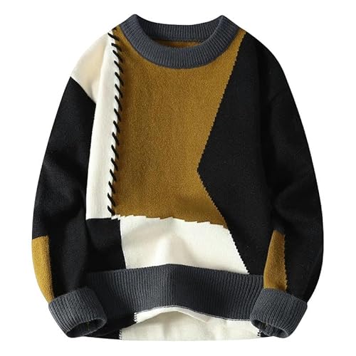 YJHLY Pullover Herren Herbst Winter Warmes Herren Gestrickte Pullover Mod Patchwork O Hals Strickpullover Streetwear Pullover Casual Herren Kleidung-Yellow-M von YJHLY