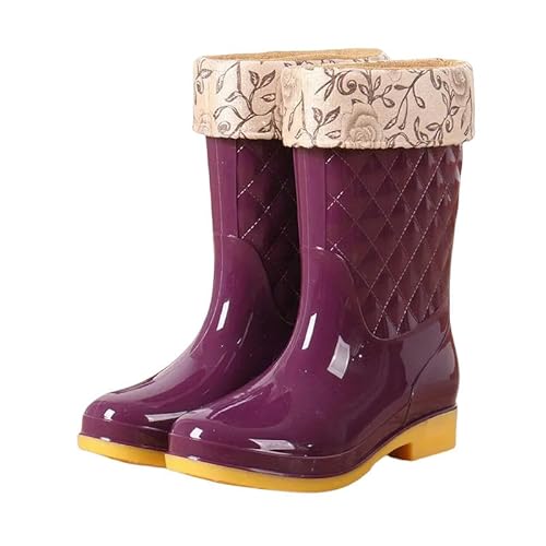 YJHLY Regenstiefel Für Damen Frauen Erwachsene Arbeit High Tube Wasser Schuhe Anti Rutsch Herbst Schuh Soild Farbe wasserdichte Plaid Gummistiefel Schnee Regen Stiefel-38-Brown Red Mid Plush von YJHLY