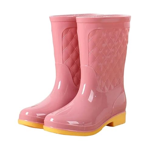 YJHLY Regenstiefel Für Damen Frauen Erwachsene Arbeit High Tube Wasser Schuhe Anti Rutsch Herbst Schuh Soild Farbe wasserdichte Plaid Gummistiefel Schnee Regen Stiefel-38-Pink Mid von YJHLY