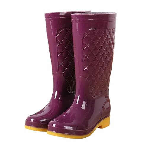 YJHLY Regenstiefel Für Damen Frauen Erwachsene Arbeit High Tube Wasser Schuhe Anti Rutsch Herbst Schuh Soild Farbe wasserdichte Plaid Gummistiefel Schnee Regen Stiefel-40-Brown Red High von YJHLY