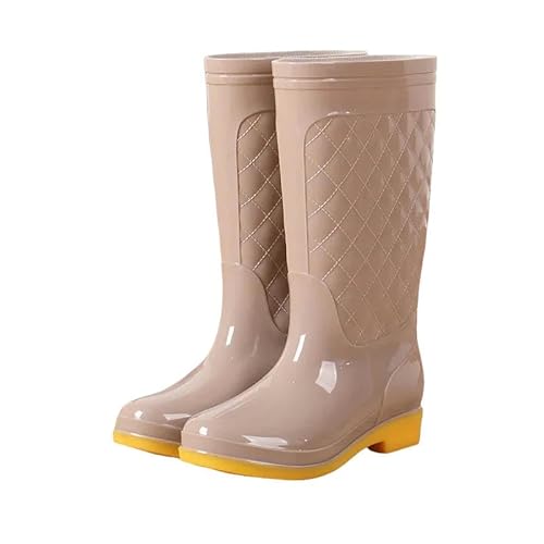 YJHLY Regenstiefel Für Damen Frauen Erwachsene Arbeit High Tube Wasser Schuhe Anti Rutsch Herbst Schuh Soild Farbe wasserdichte Plaid Gummistiefel Schnee Regen Stiefel-41-Apricot High von YJHLY