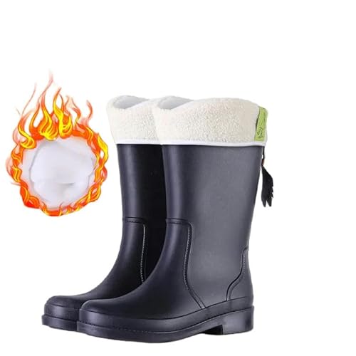 YJHLY Regenstiefel Für Damen Hohe Gummistiefel Für Frauen Wasser Stiefel wasserdichte PVC Antirutsch Galoschen wasserdichte Stiefel Frau Regen Stiefel Knöchel Regen Schuhe-40-Black Short Plush von YJHLY