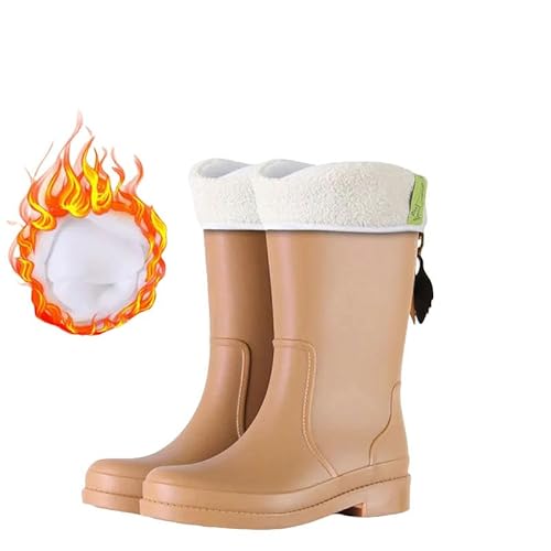 YJHLY Regenstiefel Für Damen Hohe Gummistiefel Für Frauen Wasser Stiefel wasserdichte PVC Antirutsch Galoschen wasserdichte Stiefel Frau Regen Stiefel Knöchel Regen Schuhe-40-Khaki Short Plush von YJHLY