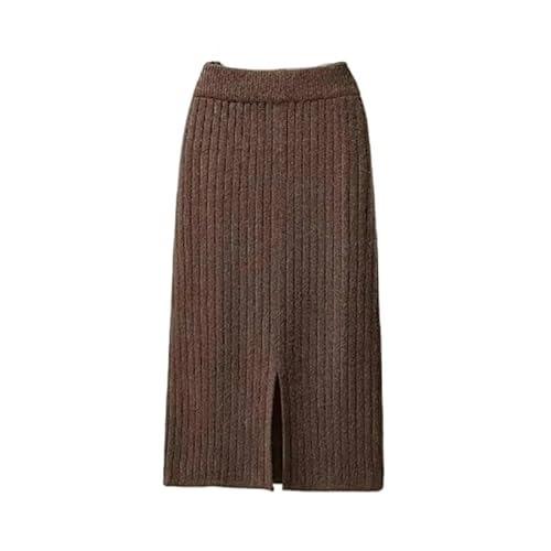 YJHLY Röcke 50-60-70 cm Herbst Winter Gestrickte Frauen Röcke Elastische Hohe Taille Split A-Linie Weibliche Gerippte Röcke-Brown - 60Cm-M von YJHLY