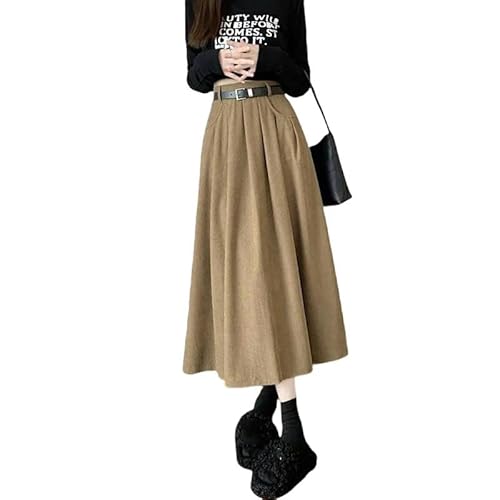 YJHLY Röcke Herbst Winter Cord Plissee Rock Frauen Hohe Taille Eine Linie Lange Röcke Frau Streetwear Dicker Solid Midi Rock-Khaki-S von YJHLY