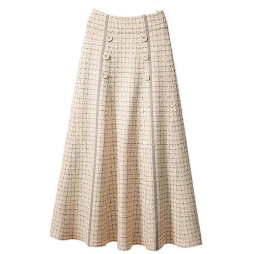 YJHLY Röcke Karierter Knopf Gestrickter Rock Hohe Taille Frauen Herbst Und Winter Mittellanger Großer Swing A-Linie Rock Midi Eleganz-Beige-L von YJHLY