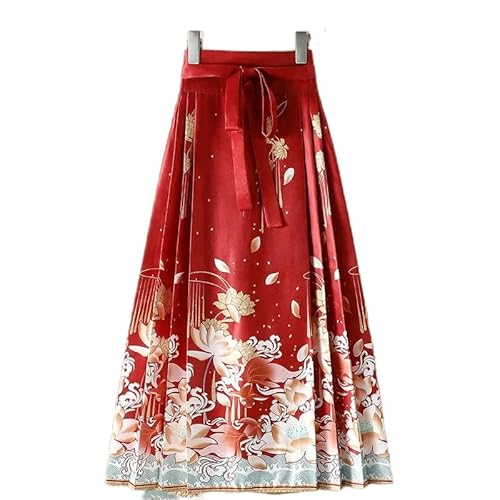 YJHLY Röcke Maxi Pferd Gesicht Röcke Frauen Hanfu Vintage Harajuku Saia Casual Long Print Plissee Rock Frau Kleidung Faldas-2114-Red-One Size von YJHLY