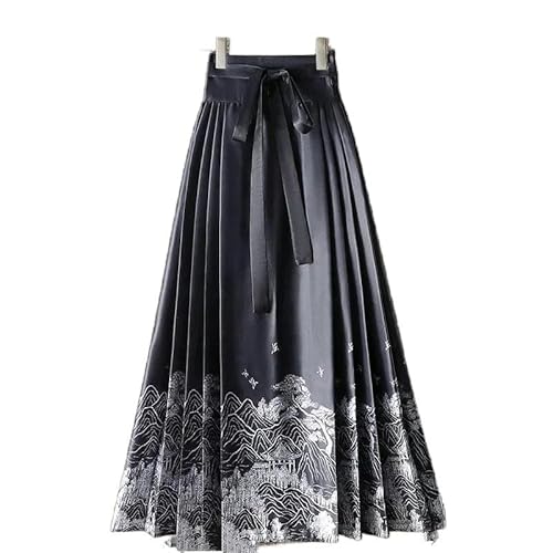 YJHLY Röcke Maxi Pferd Gesicht Röcke Frauen Hanfu Vintage Harajuku Saia Casual Long Print Plissee Rock Frau Kleidung Faldas-9886-Black-One Size von YJHLY