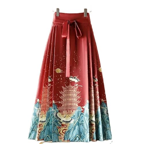 YJHLY Röcke Maxi Pferd Gesicht Röcke Frauen Hanfu Vintage Harajuku Saia Casual Long Print Plissee Rock Frau Kleidung Faldas-9899-Red-One Size von YJHLY