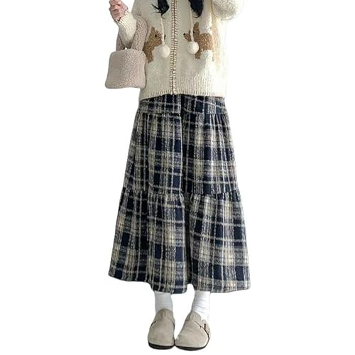 YJHLY Röcke Roter Plaid Kuchen Rock Für Frauen High-Waisted A-Linie Abnehmen Mittlere Länge Vintage Stil-Navy Blue-M von YJHLY