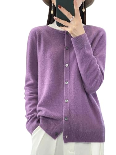 YJHLY Strickjacken Für Damen Cardigan Frühling Und Herbst Kaschmir Pullover Frauen O-Ausschnitt Cardigan Warm Strick Unten Shirt Top-Purple-S von YJHLY