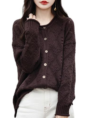 YJHLY Strickjacken Für Damen Frühling Baumwolle Cardigan Pullover Frauen O-Ausschnitt Curled Edge Hohl Out Weibliche Langarm Tops Mode Lose In Oberbekleidung-Coffee-XXL 60-70Kg von YJHLY