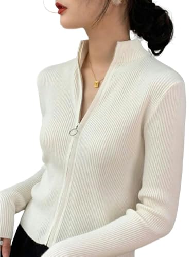 YJHLY Strickjacken Für Damen Frühling Herbst Reißverschluss Cardigan Frauen Pullover Gestrickte Langarm Stehkragen Tops Mode Kurzer Pullover Für Frauen-White-One Size von YJHLY