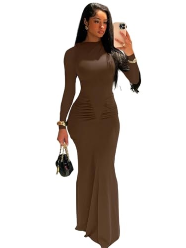 YJHLY Strickkleid Damen Herbst Solid Langarm Drapiert Bodycon Maxi Prom Kleid Frauen Y2K Outfits Abend Party Festival-Coffee-S von YJHLY