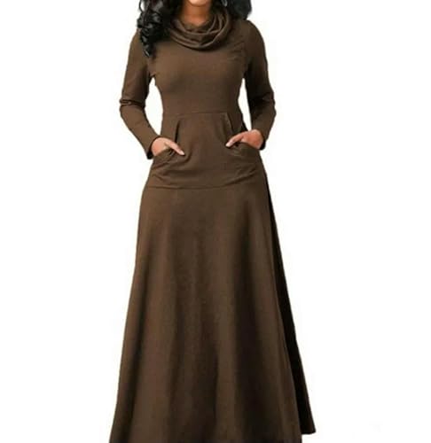 YJHLY Strickkleid Damen Herbst Winter Einfarbig Spleißen Pocket Neck Großer Anhänger Langes Kleid Casual Frauen Hohe Taille Langarm Maxi Kleider-Khaki-M von YJHLY