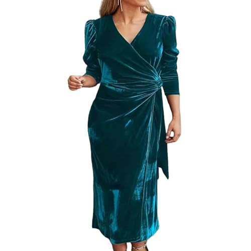 YJHLY Strickkleid Damen Herbst Winter Frauen Langes Kleid Explosive V-Ausschnitt Elegante Und Casual Solid Color Langarm Kleid Für Frauen-Green-L von YJHLY