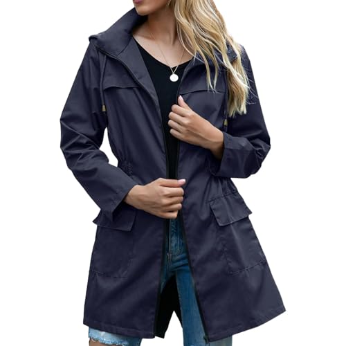 YJHLY wasserdichte Jacke Frauen Leichte Regenjacke wasserdichte Aktive Outdoor Trench Regenmantel Mit Kapuze Damen Leichte Winddichte Windbreaker-Dark Blue-XL von YJHLY