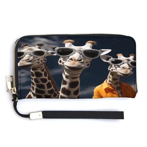 YJWANDL Geldbörse aus PU-Leder, drei Giraffen, mit Sonnenbrille, lange Geldbörse für Damen, Clutch, Kartenhalter, Geldbörse, Stil, 20 x 10,5 cm, modern, Stil:, 20.0*10.5cm, Modern von YJWANDL