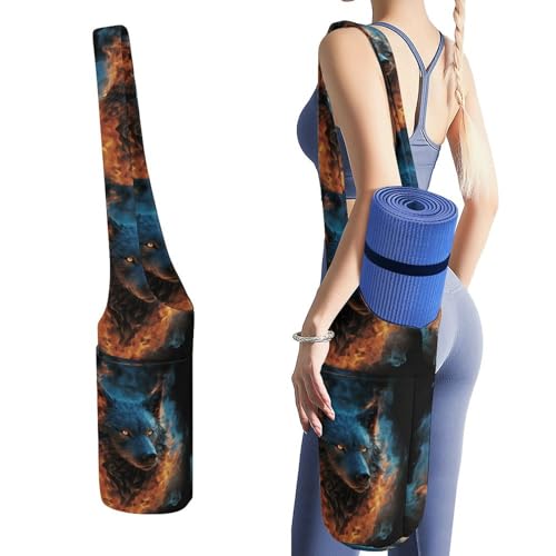 YJWANDL Yogamatten-Organizer, Wolfskopf in blauen Flammen bedruckt, Yogamatte, Tasche, Turnmatte, Tasche, Leinen-Aufbewahrungstasche, strapazierfähige Yoga-Tragetasche von YJWANDL