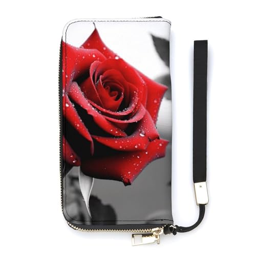 YJWANDO Geldbörse aus PU-Leder, Schwarz und Weiß, Rot, Rosen-Druck, moderne Damengeldbörse, lange Geldbörse für Frauen, Handheld-Clutch, Stil, 20 x 10,5 cm, modern, Stil:, 20x10.5cm, Modern von YJWANDO