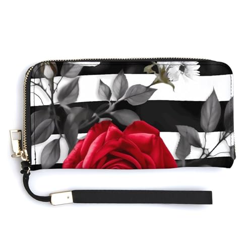 YJWANDO Geldbörse aus PU-Leder, schwarze Streifen, rote Rosen, Blumendruck, moderne Damengeldbörse, lange Geldbörse für Frauen, Handheld-Clutch, Stil, 20 x 10,5 cm, modern, Stil:, 20.0*10.5cm, Modern von YJWANDO