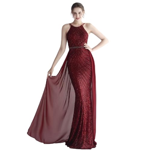 YKSEND Abendkleid Elegant Damen Cocktailkleide Ladies Evening Dress Neckholder-Kleid Aus Chiffon mit Perlenbesatz, Geeignet für Bankette,E,XXL von YKSEND