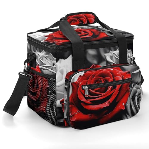 Isolierte Kühltasche für Reisen, schwarz-weiße und rote Rosen, weiche Kühltasche, isolierte Lunchtasche für Camping/Strand/Outdoor/Picknick von YKUDBN