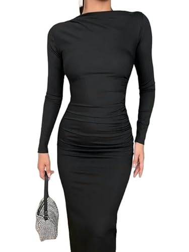 YLCYDLYU Hochzeitsgastkleid Langärmliges Midi Kleid Frauen Schlanke Feste Party Paket Hip Elegante Kleider Für-Black-S von YLCYDLYU