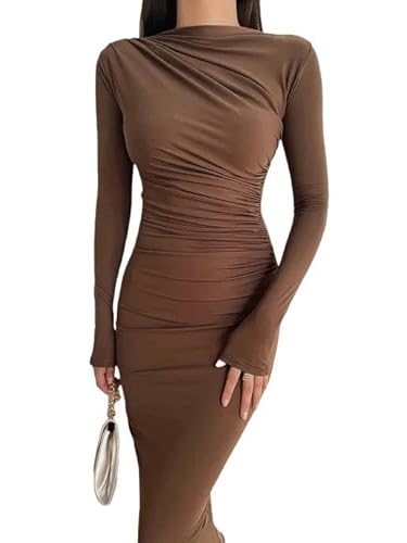 YLCYDLYU Hochzeitsgastkleid Langärmliges Midi Kleid Frauen Schlanke Feste Party Paket Hip Elegante Kleider Für-Brown-L von YLCYDLYU