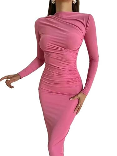 YLCYDLYU Hochzeitsgastkleid Langärmliges Midi Kleid Frauen Schlanke Feste Party Paket Hip Elegante Kleider Für-Rosa-M von YLCYDLYU