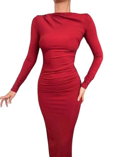 YLCYDLYU Hochzeitsgastkleid Langärmliges Midi Kleid Frauen Schlanke Feste Party Paket Hip Elegante Kleider Für-Rot-M von YLCYDLYU