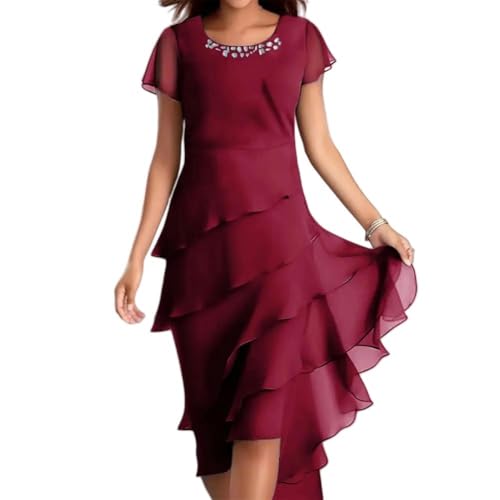 YLCYDLYU Hochzeitsgastkleid Rundhals-Falten Kleid Chiffon Kleid Kleid Elegantes Perlen Dekor O-Ausschnitt Midi-Kleid-Weinrot-3Xl von YLCYDLYU