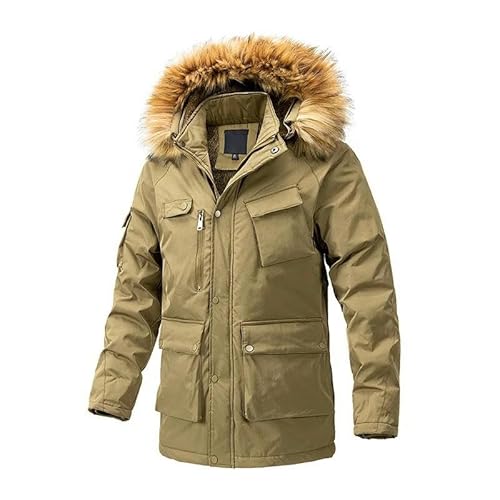 YLQQdMK Winterjacke Herren Herren Winter Langes Baumwollmantel Herren Lässiger Lockerer Kapuzenjacke Im Freien Dicke Warme Jacke-Khaki-L von YLQQdMK