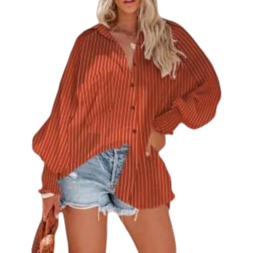 YLQQdMK hemdbluse Damen Langarm Modisches Und Elegantes Lose, Gestreiftes Übergroßes Hemd-Orange-3xl von YLQQdMK