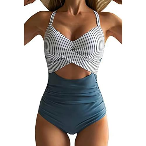 YLXCKGS Bikini-Set Badebekleidung Trendy Gegen Nacken Rüschen Bikini Frauen Zweiteilig Badeanzug Mit Hoher Taille Badeanzug Strandbekleidung-Blau-M von YLXCKGS