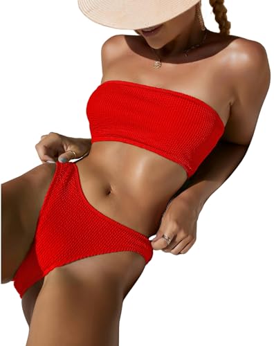 YLXCKGS Bikini-Set Mode Bikini Texturierte Bademode Frauen High Cut Badeanzug Frauen Badeanzüge Solide Bikinis Set-Rot-L von YLXCKGS